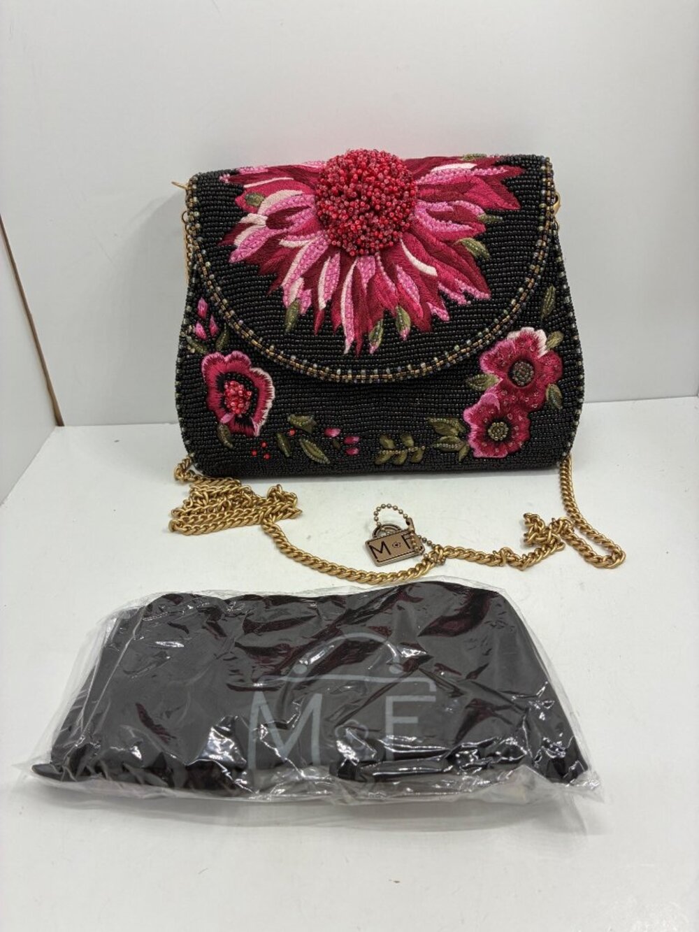 Mary Frances Pretty In Pink Beaded Floral Crossbody Bag With Gold Chain Strap